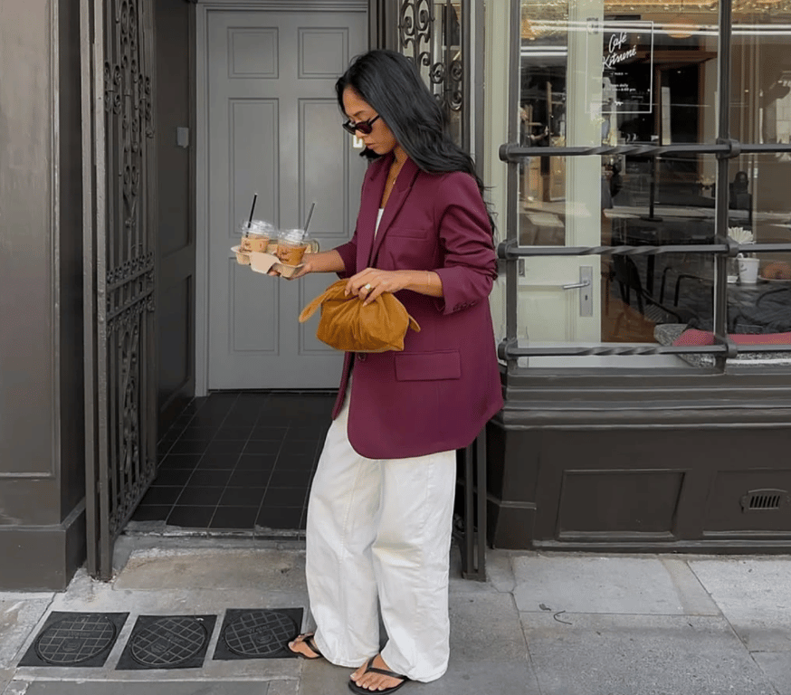 White jeans with a bright jacket create an interesting contrast