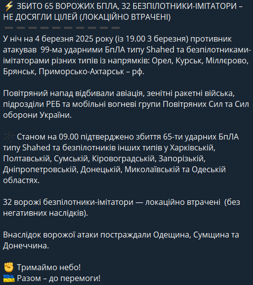 Скільки безпілотників збили в ніч проти 4 березня