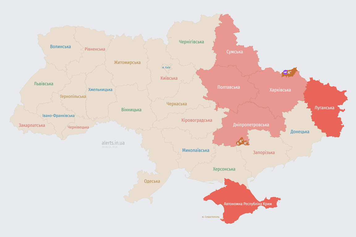 Мапа повітряної тривоги в Україні вночі 30 червня