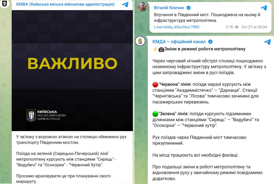 Південний міст Києва закрили через атаку РФ 27 жовтня