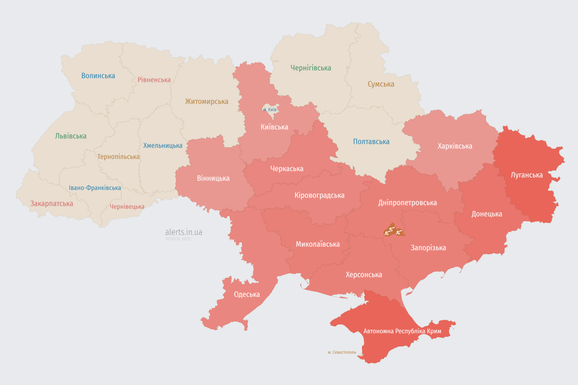 Мапа повітряних тривог в Україні сьогодні, 10 березня