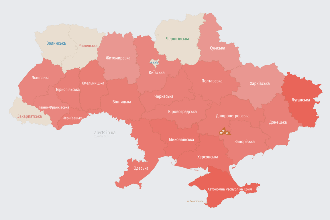 Карта воздушной тревоги в Украине сегодня, 22 марта