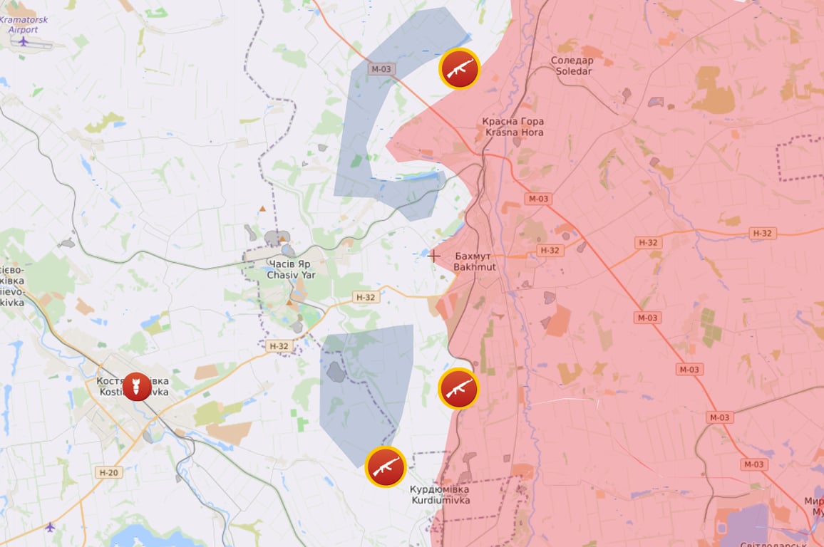 Карта бойових дій на Бахмутському напрямку від Liveuamap
