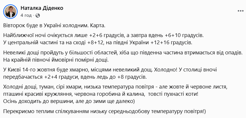 Прогноз погоди на 14 жовтня