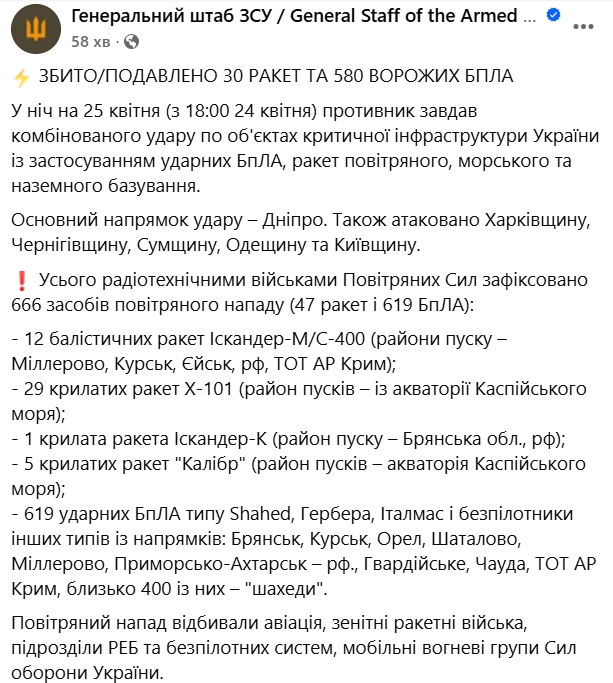 Скільки дронів і ракет збила ППО 25 квітня