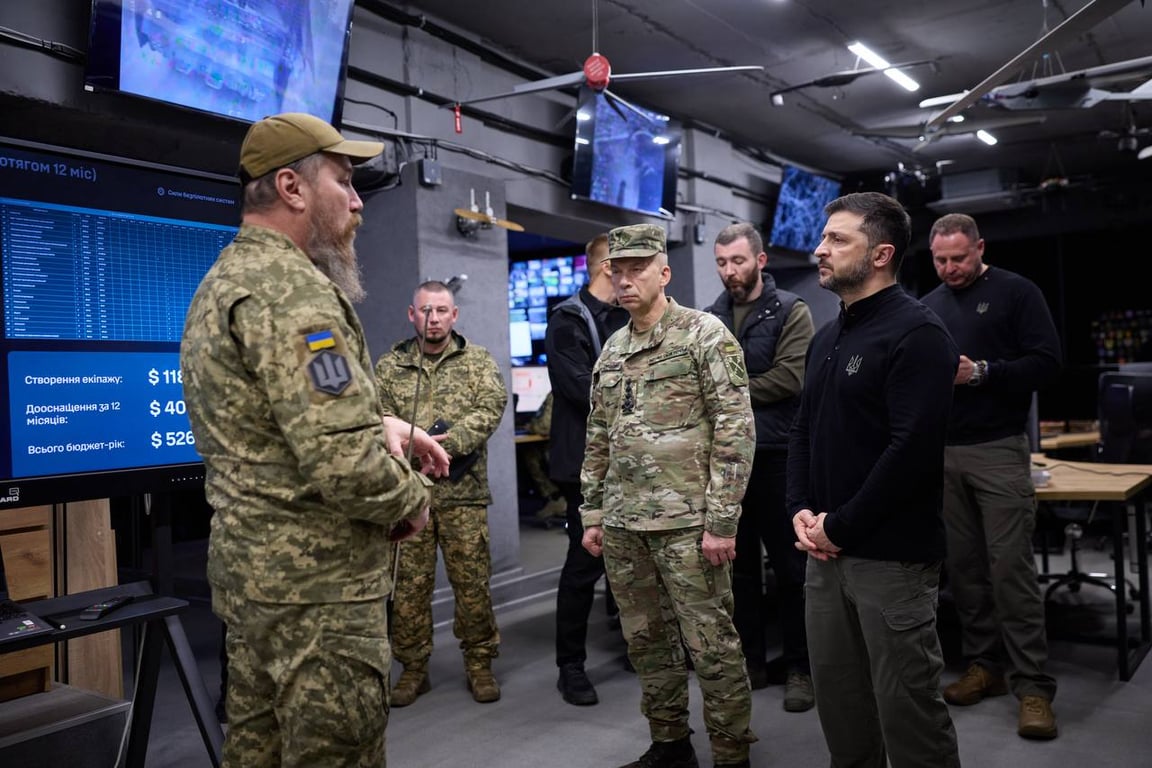 President Zelensky with soldiers of the 414th “Birds of Madyar” Brigade