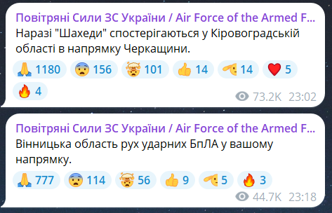 Скриншот повідомлення з телеграм-каналу "Повітряні сили ЗС України"