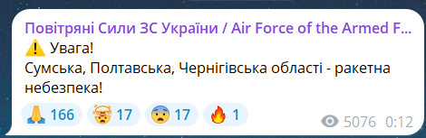 Скриншот повідомлення з телеграм-каналу "Повітряні сили ЗС України"