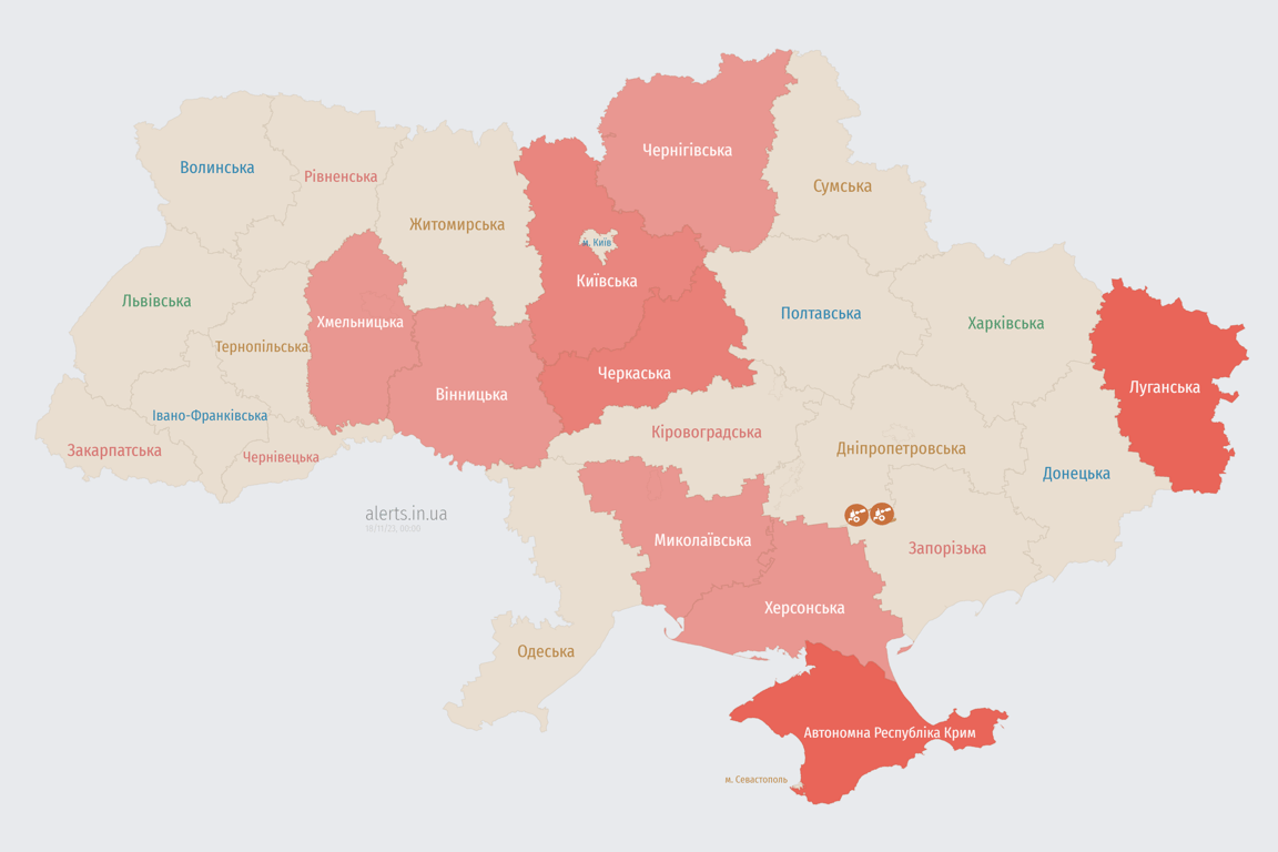 Мапа повітряних тривог в Україні сьогодні, 18 листопада