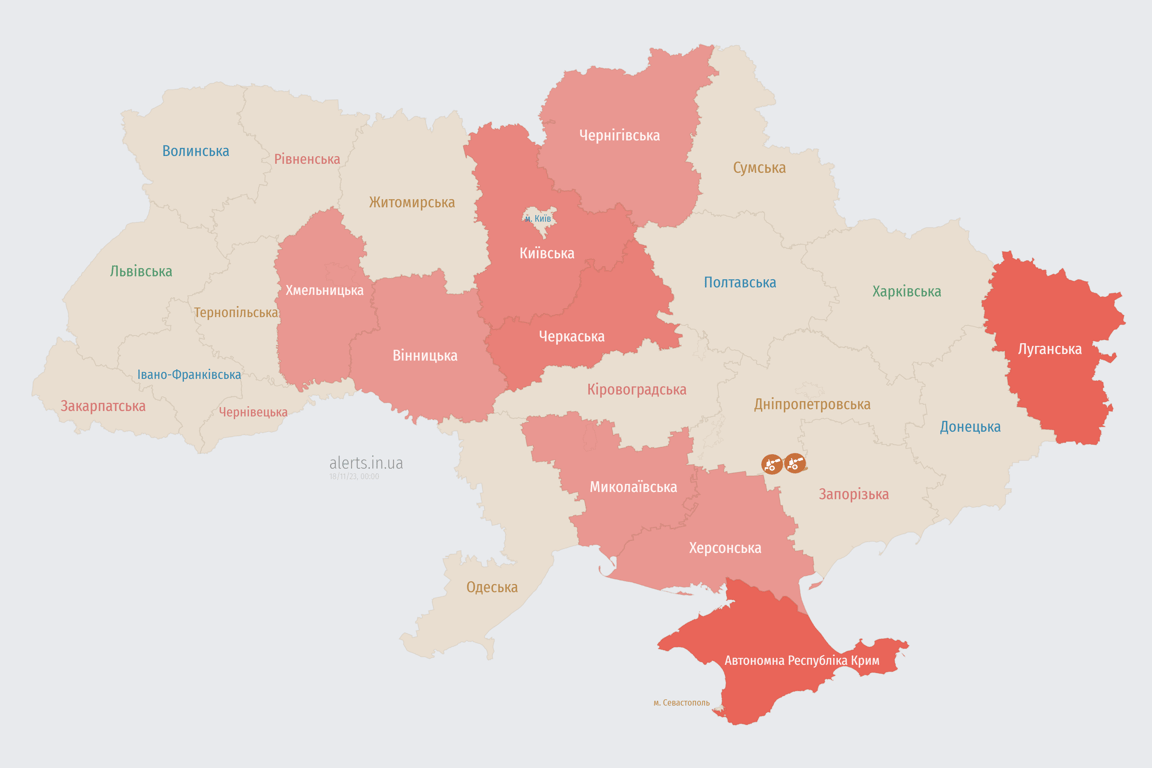 Карта воздушных тревог в Украине сегодня, 18 ноября