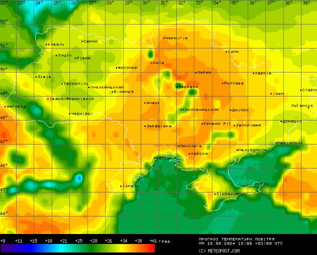 Температурна карта на 18 серпня. Фото: Метеопост