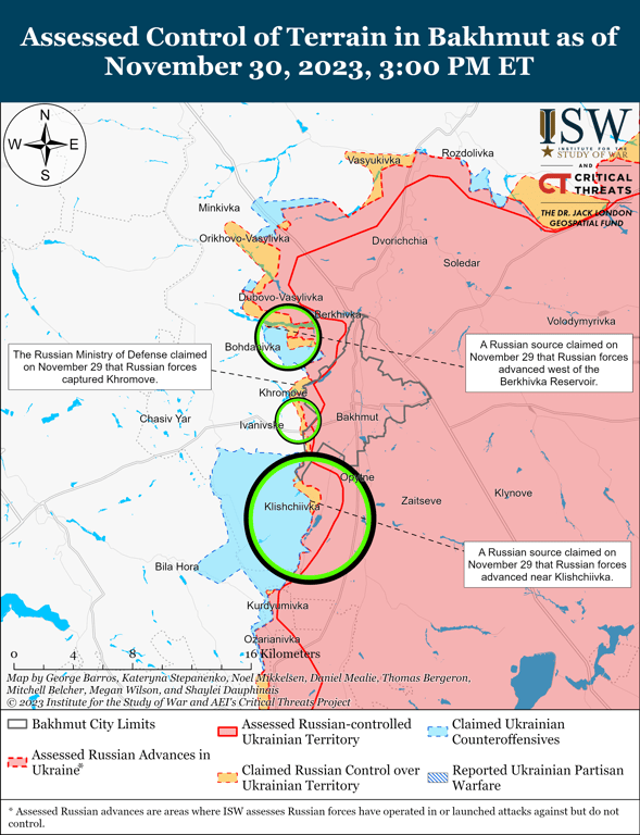 Карта бойових дій на Бахмутському напрямку від ISW. Фото: інфографіка ISW
