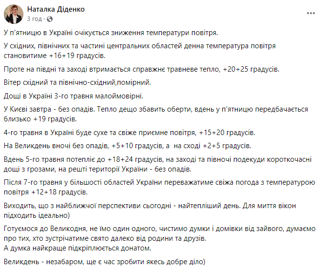 Скриншот допису Наталки Діденко