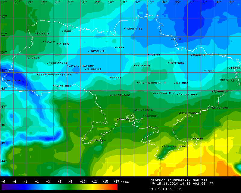 Карта температур в Україні на 15 листопада