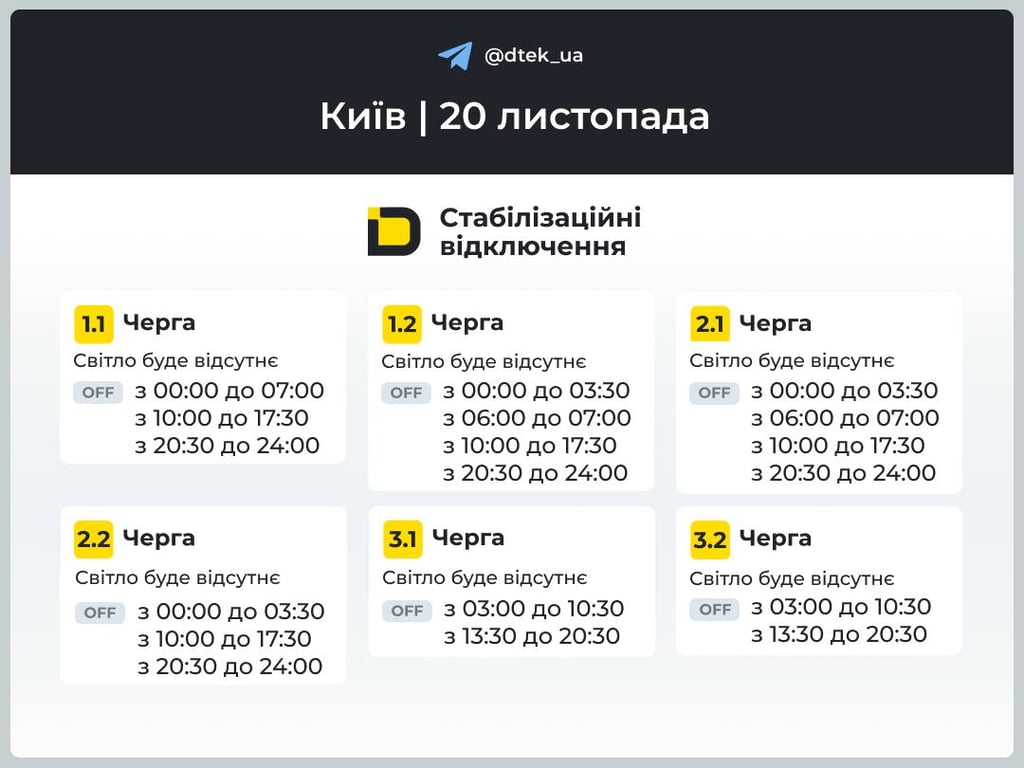 Відключення світла у Києві 20 листопада