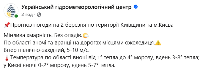 Погода в Києві 2 березня