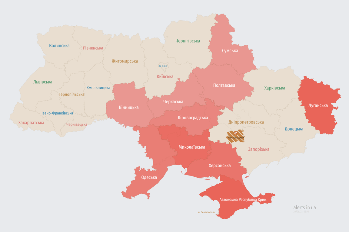 Мапа повітряних тривог в Україні сьогодні 28 вересня