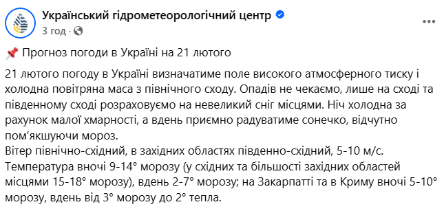 Прогноз погоди в Україні на 21 лютого
