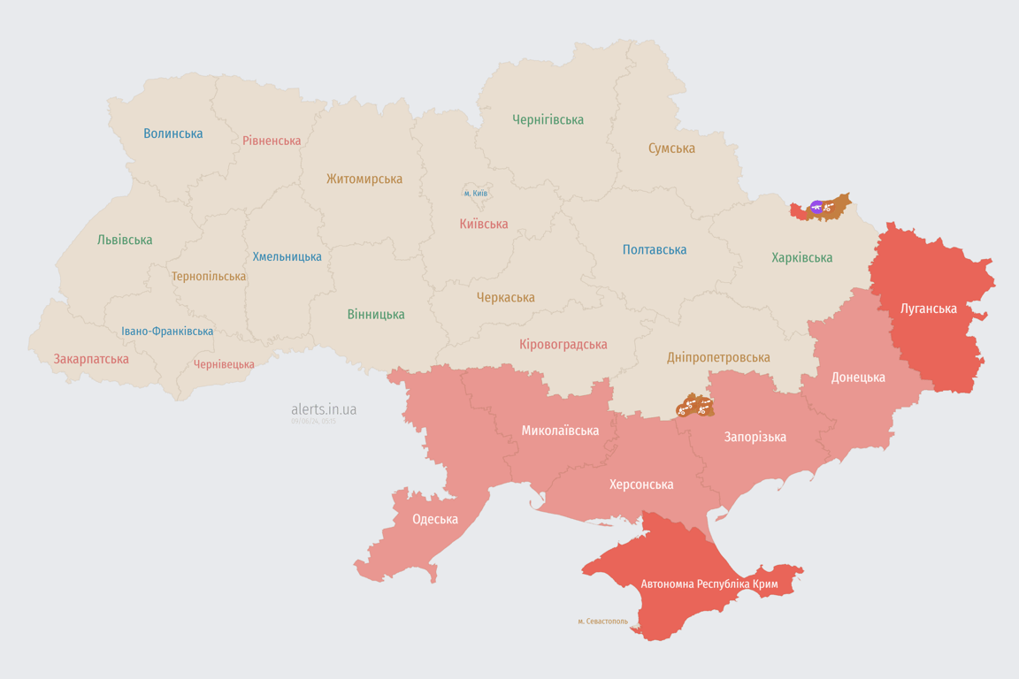 Карта повітряних тривог в Україні 9 червня 