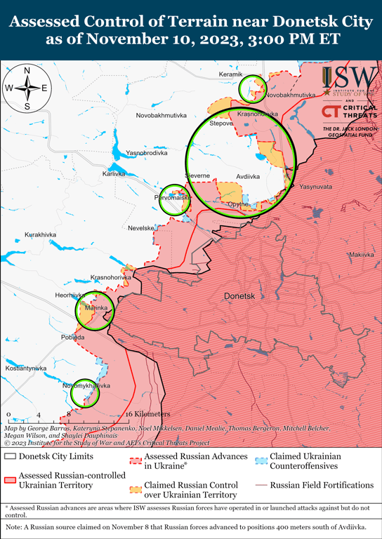 Карта бойових дій на Авдіївському та Мар'їнському напрямках від ISW