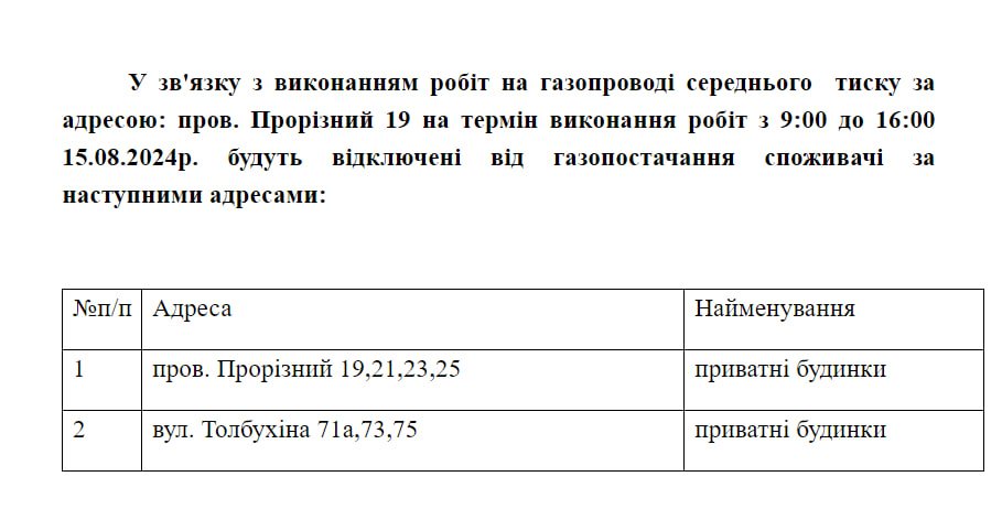 Отключение газа в Одессе 15 августа