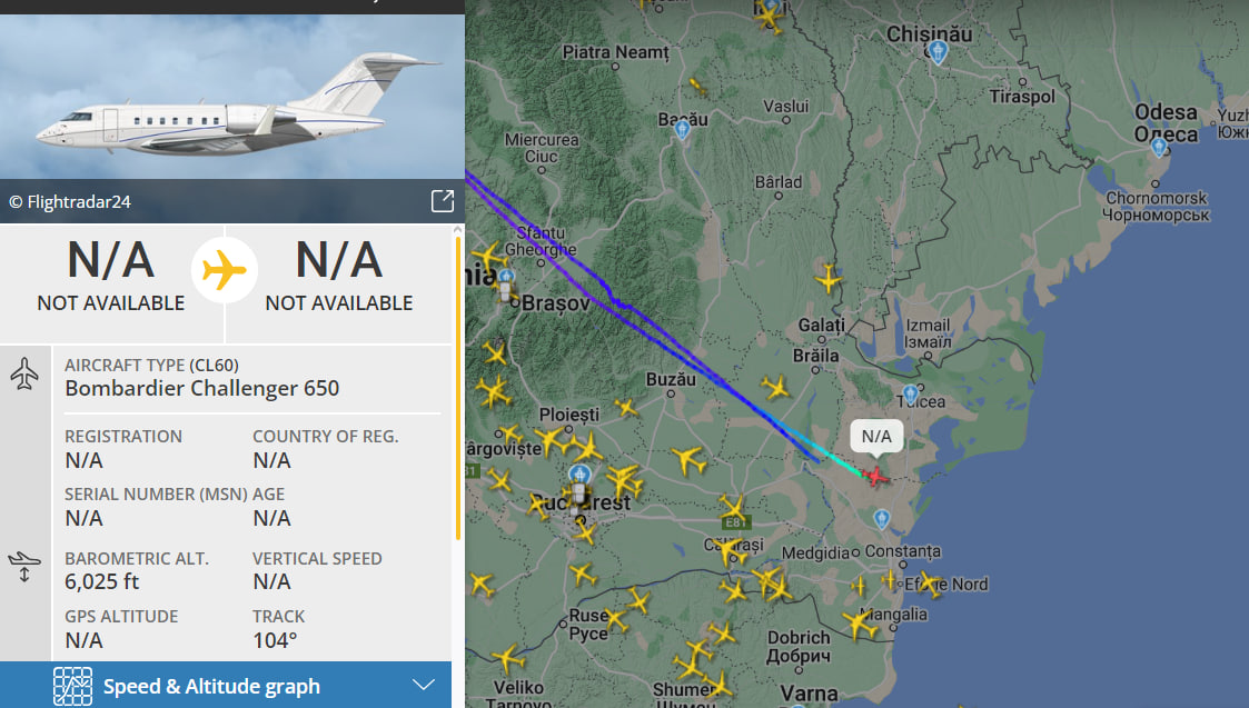Самолет Bombardier Challenger 650 патрулирует около Одесской области 19 июня