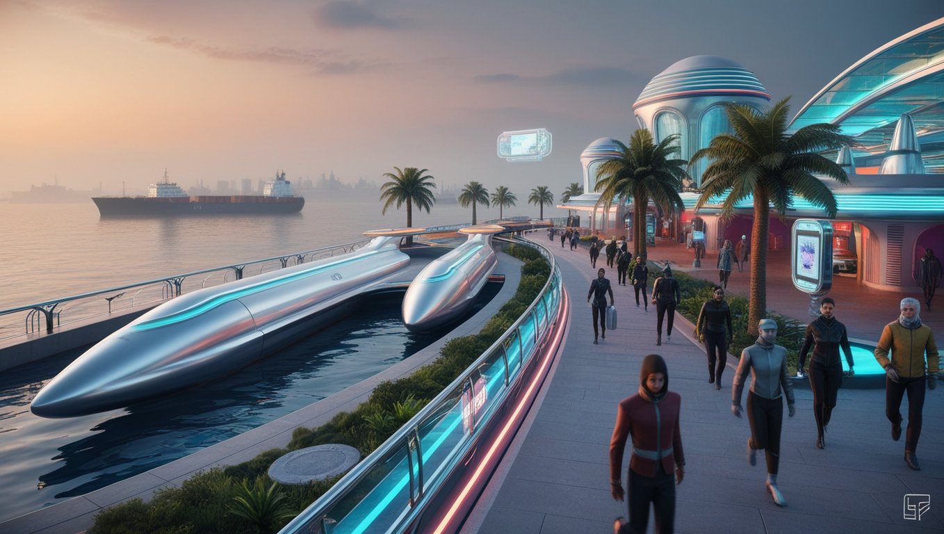 Люди гуляють на набережній майбутнього. Фото: leonardo.ai