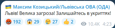 Скриншот повідомлення з телеграм-каналу очільника Львівської ОВА Максима Козицького