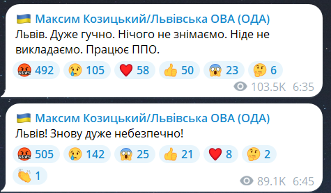 Скриншот сообщения по телеграмм-каналу главы Львовской ОВА Максима Козицкого