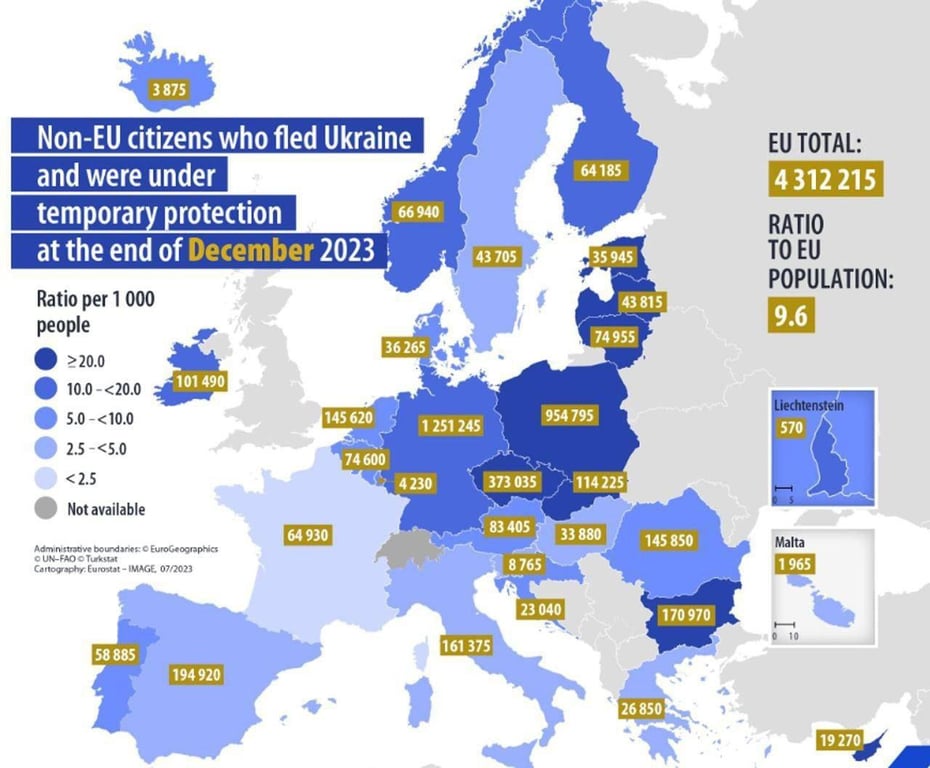 Страны ЕС, в которых находятся беженцы из Украины.
