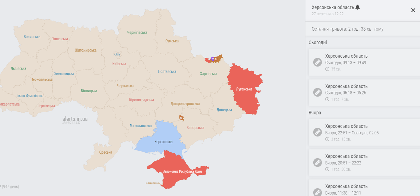 Карта тривог 27 вересня
