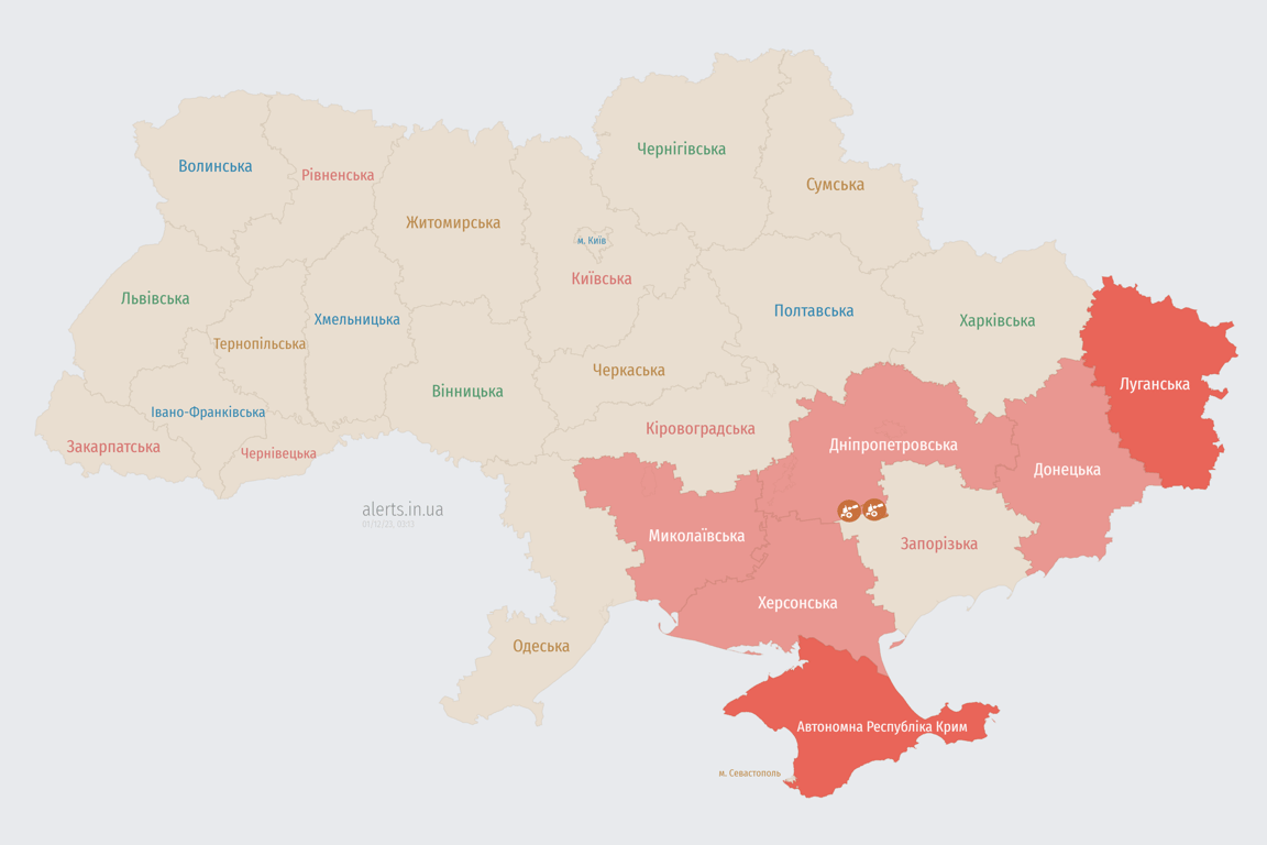 Мапа повітряних тривог в Україні сьогодні, 1 грудня