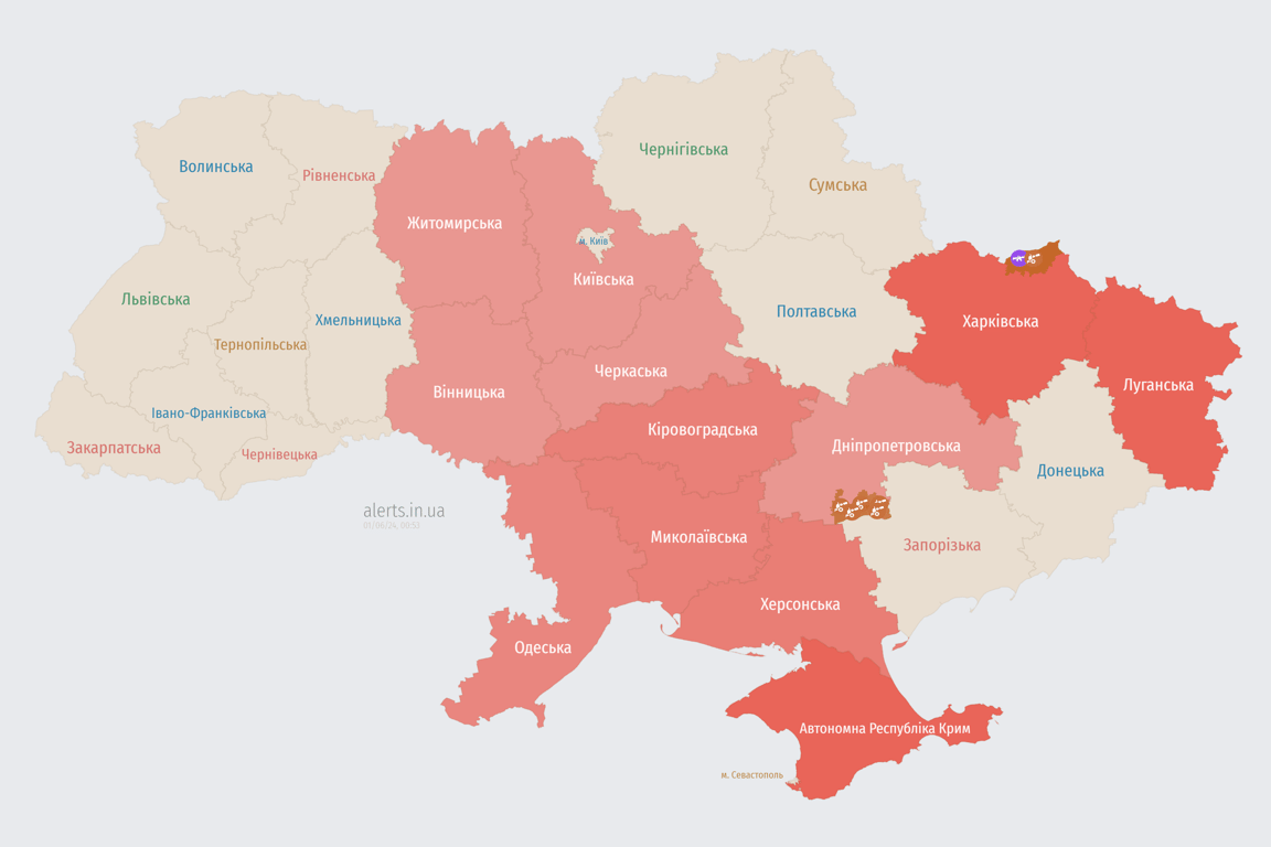 Мапа повітряної тривоги в Україні в суботу, 1 червня