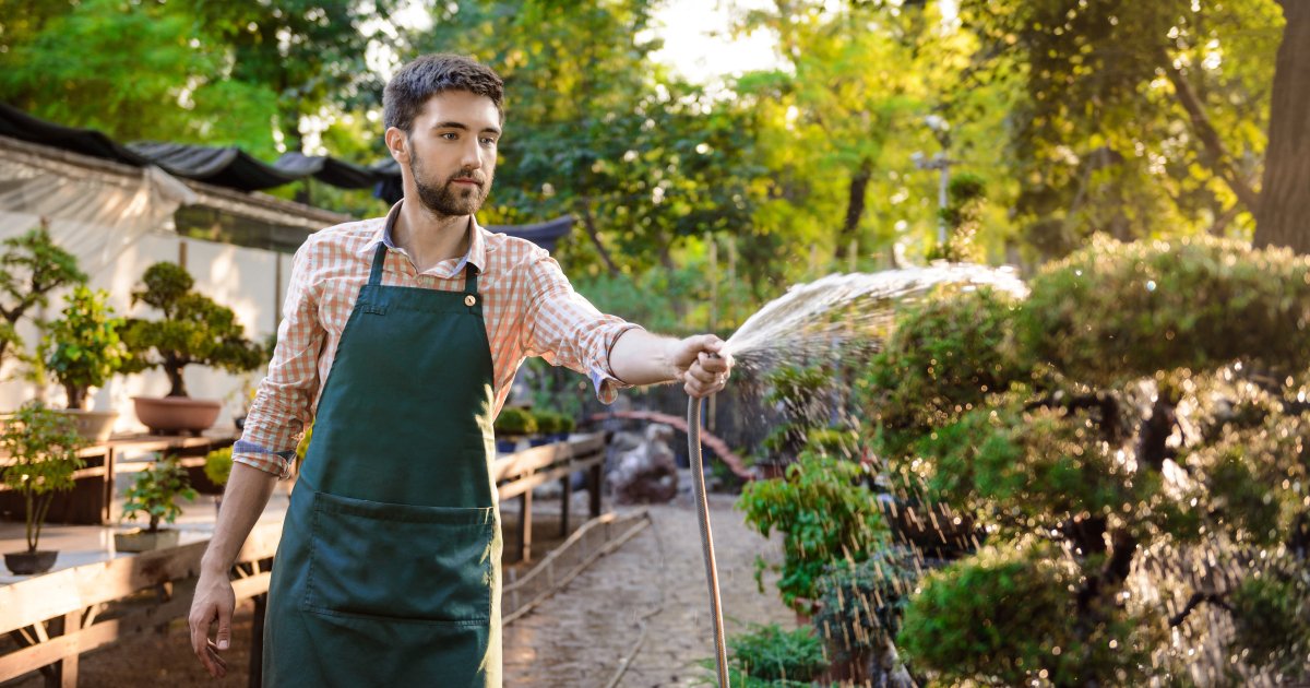 Мужчина поливающий растения