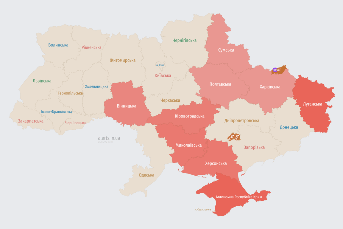 Карта повітряних тривог в Україні вночі 29 червня 