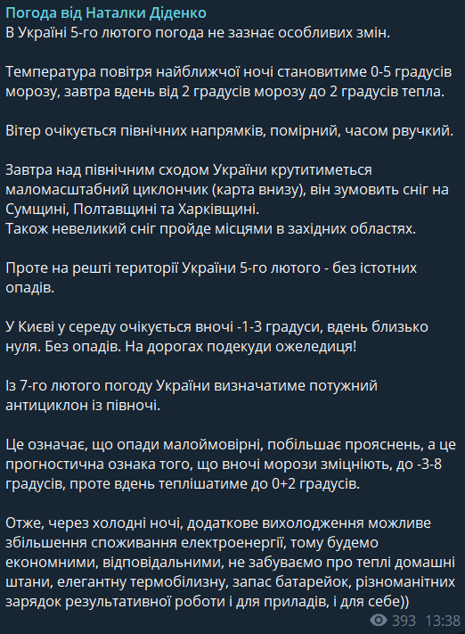 Прогноз погоди в Україні на середу, 5 лютого від Діденко