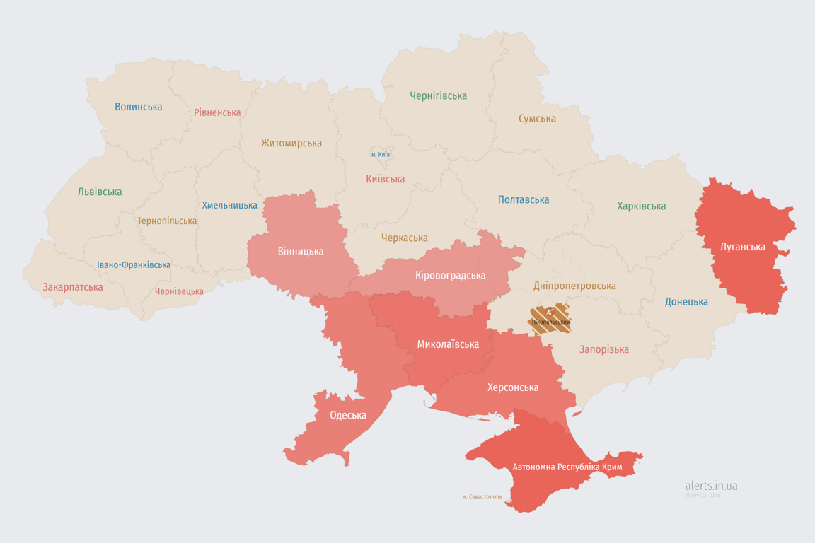 Мапа повітряних тривог в Україні сьогодні, 28 вересня