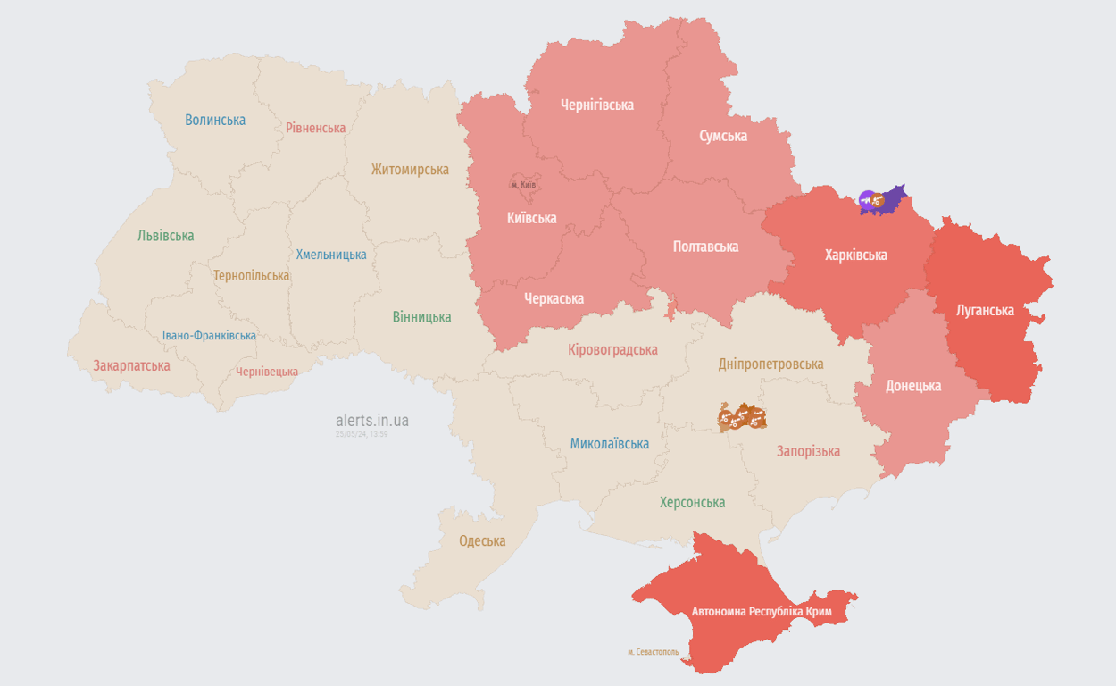 Карта повітряних тривог. Фото: alerts.in.ua