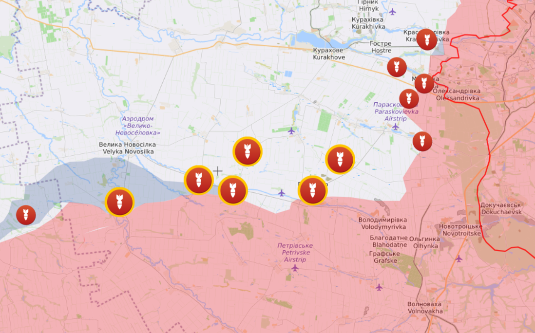 Карта боевых действий на Шахтерском направлении от Liveuamap