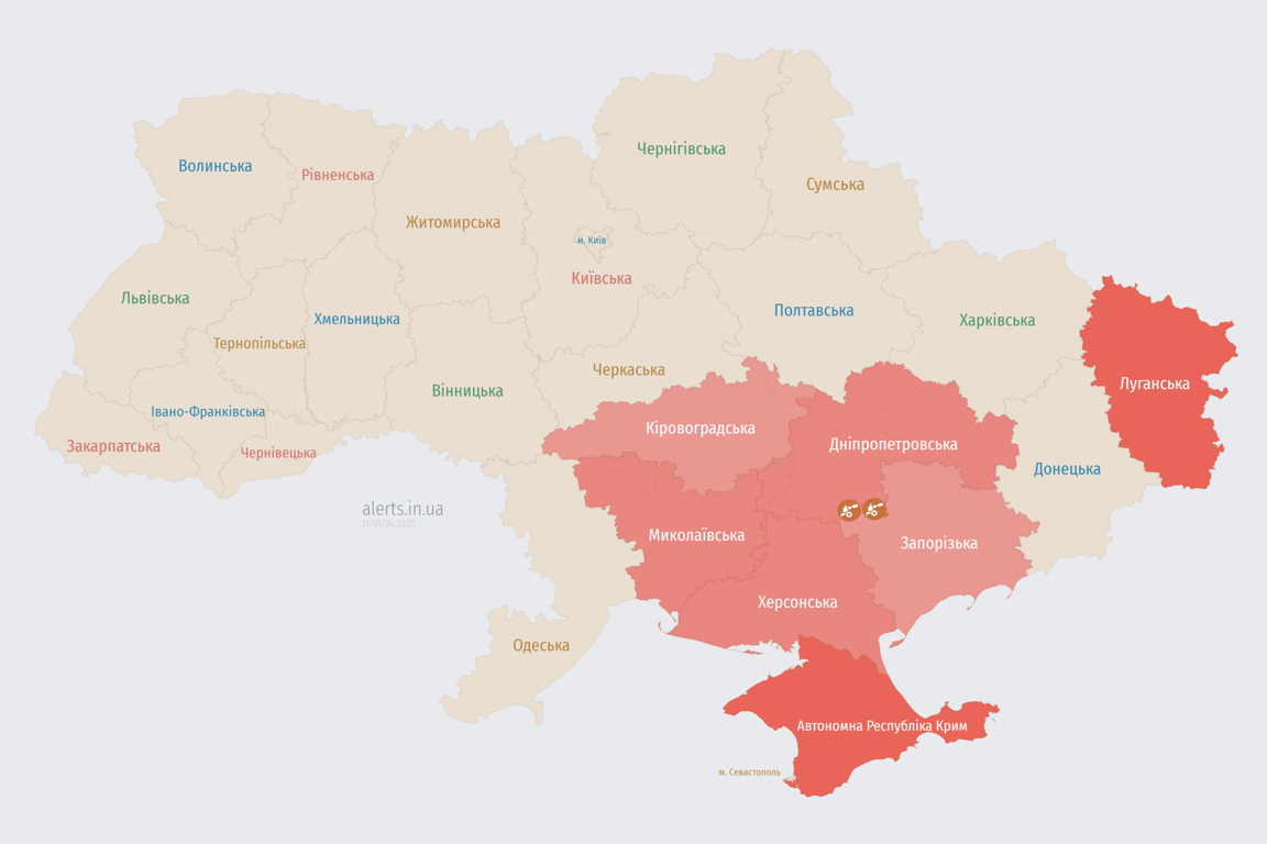 Карта воздушных тревог в Украине сегодня, 21 января