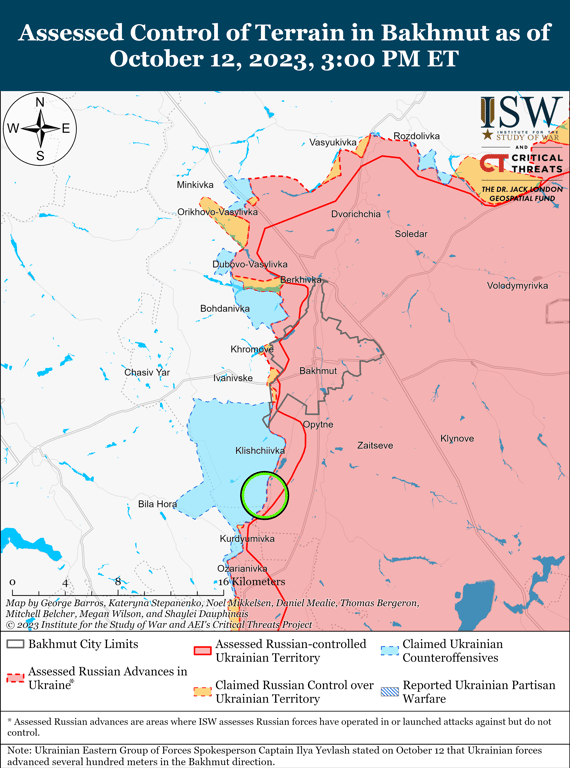 Карта бойових дій на Бахмутському напрямку від ISW