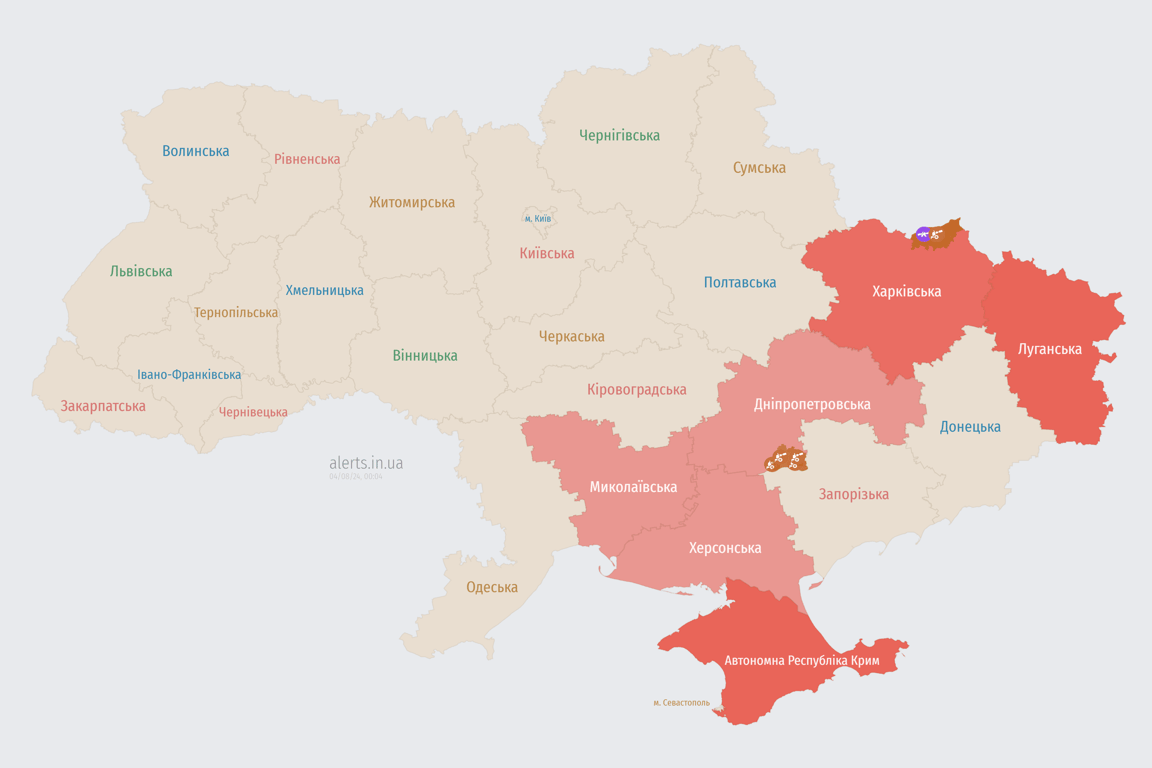 Карта повітряної тривоги вночі 4 серпня