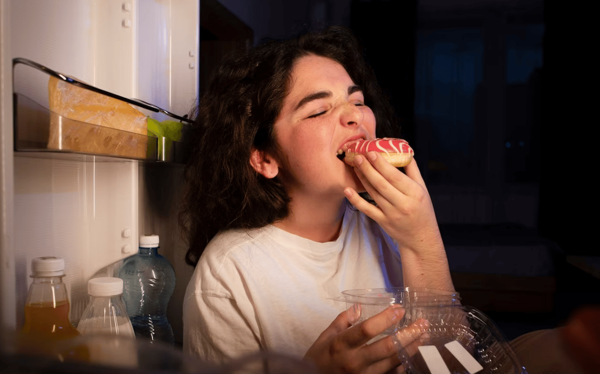 Молодая девушка, которая ест возле холодильника перед сном