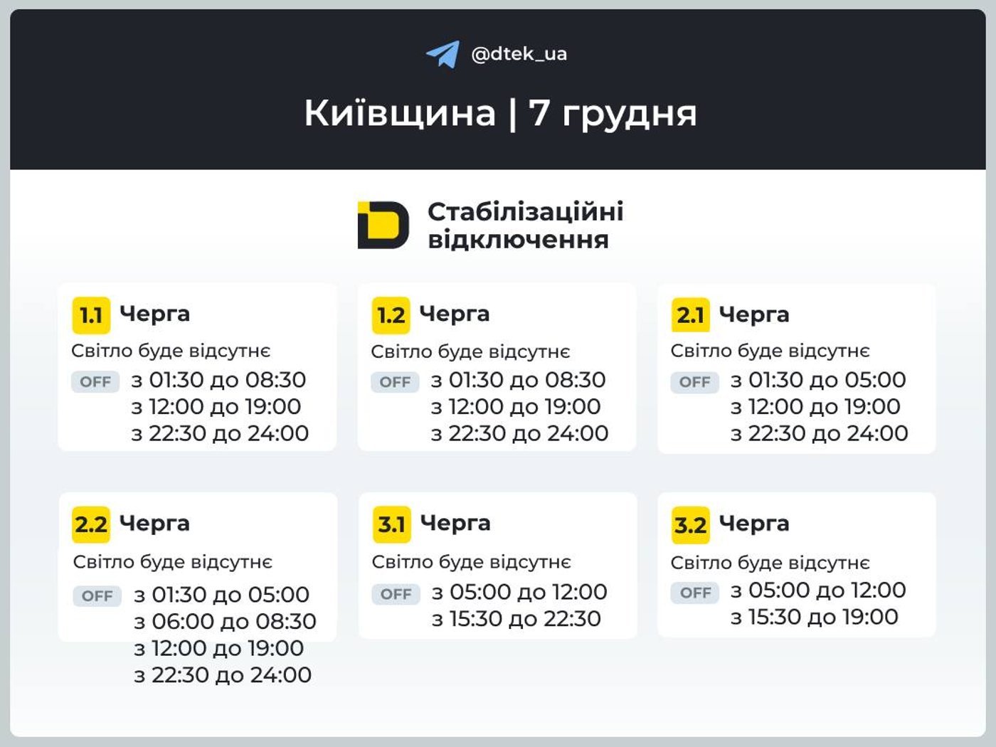 Графіки відключень світла для Київщини