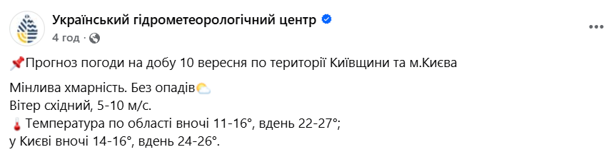 Погода у Києві 10 вересня