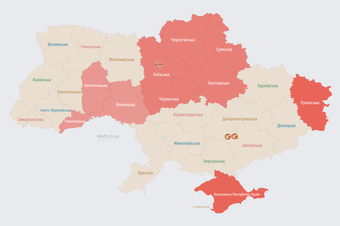 Карта воздушных тревог в Украине сегодня, 18 ноября