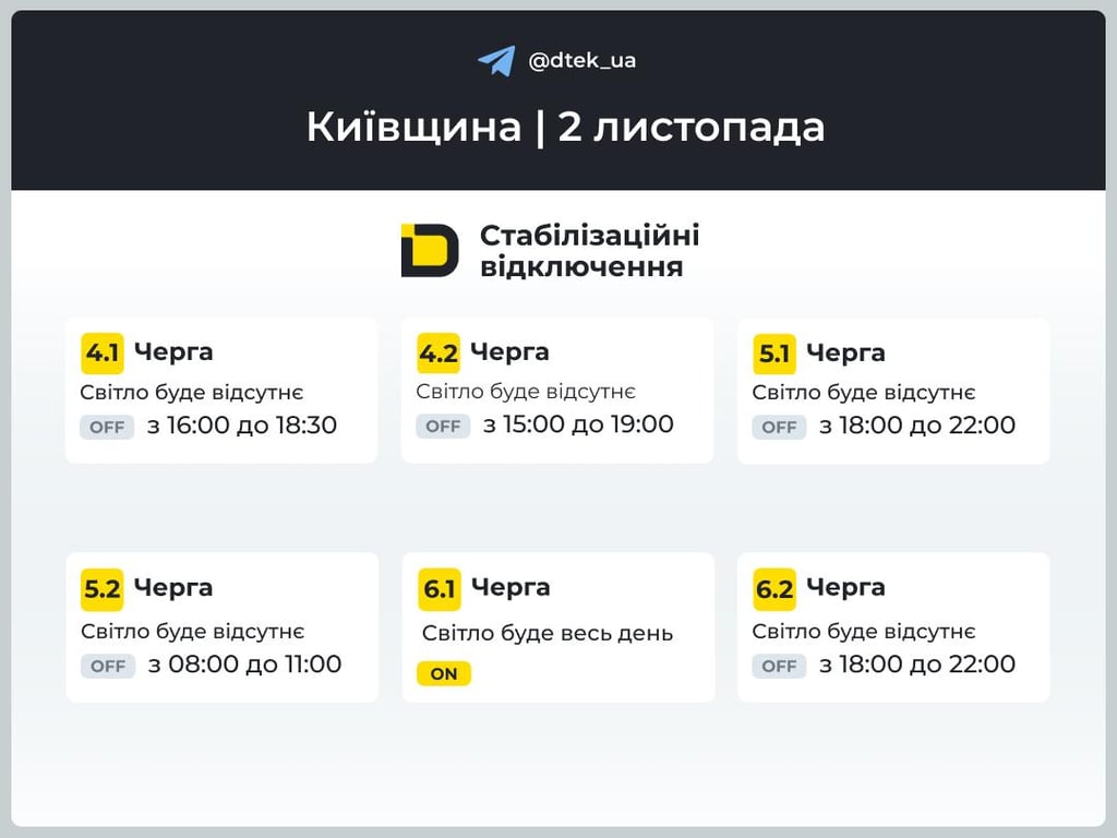 Відключення світла 2 листопада - графіки Укренерго і ДТЕК