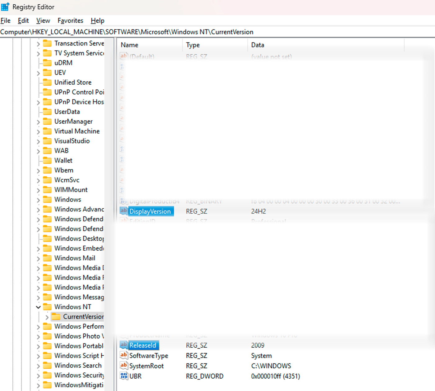 Версия Windows 11 в реестре