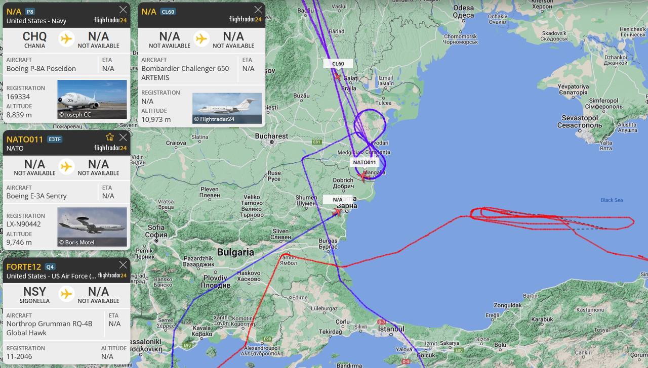 Маршрут розвідувальних літаків НАТО над Чорним морем. Фото: скриншот