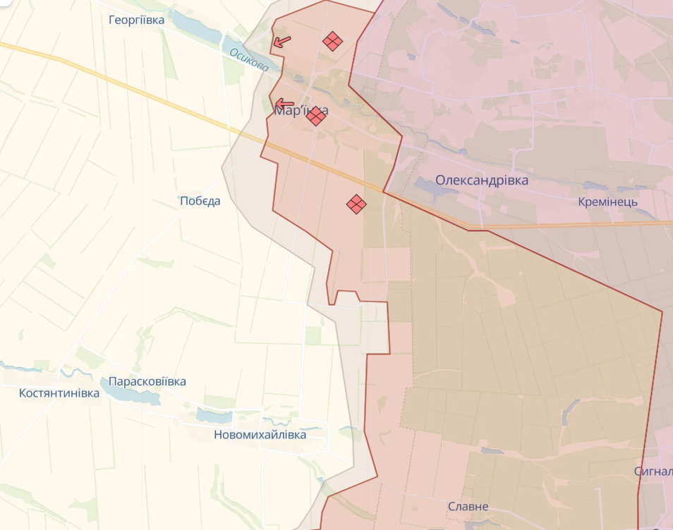 Карта боевых действий на Марьинском направлении от Deepstate